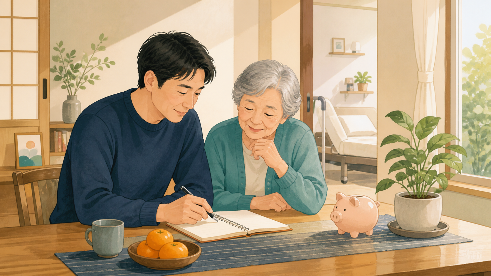 高齢の母親と息子が介護と家計の備えを相談するイラスト