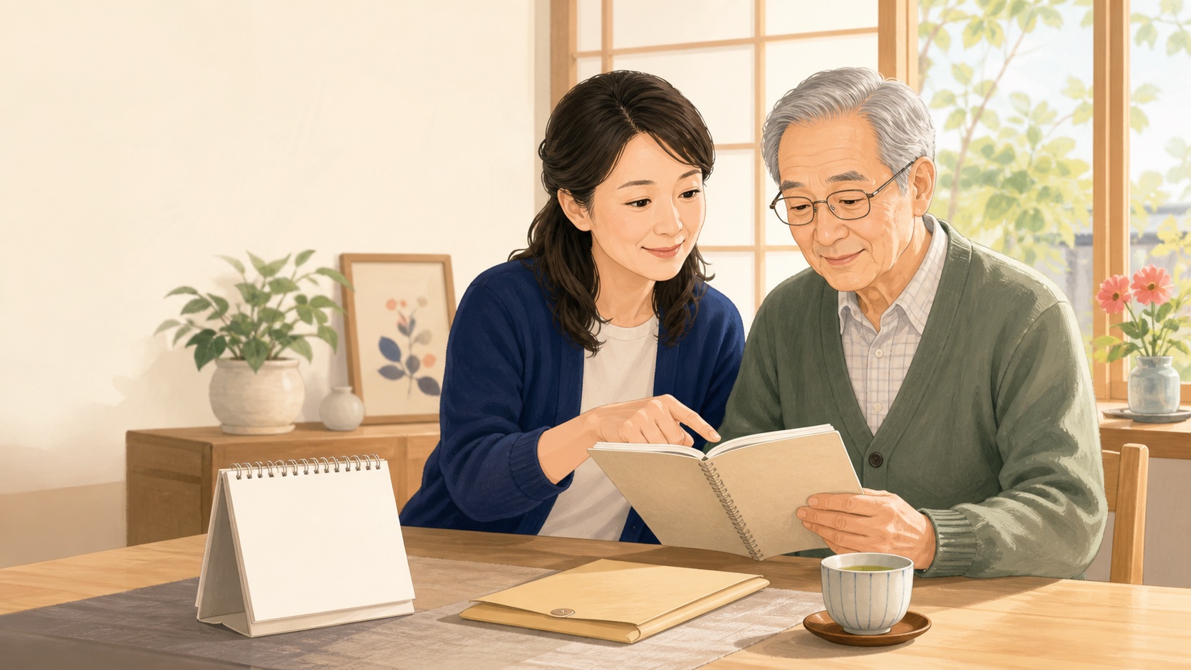 高齢の父親と娘が介護費用の見通しを相談するイラスト