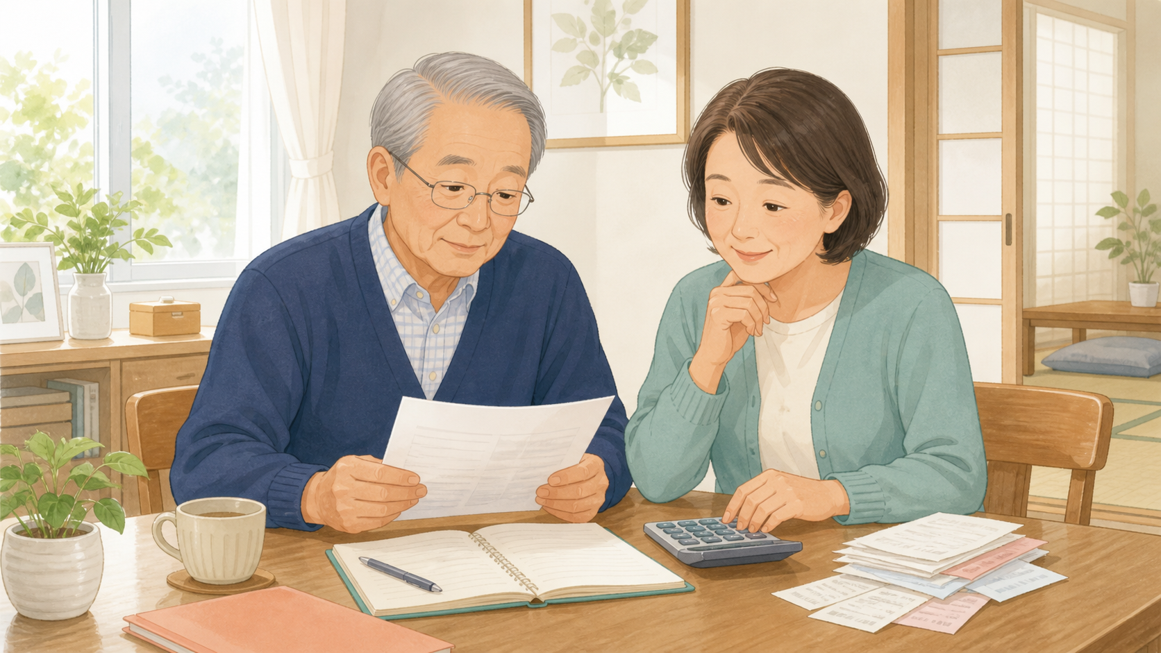 高齢の父親と娘が年金通知書と介護費用を一緒に確認するイラスト