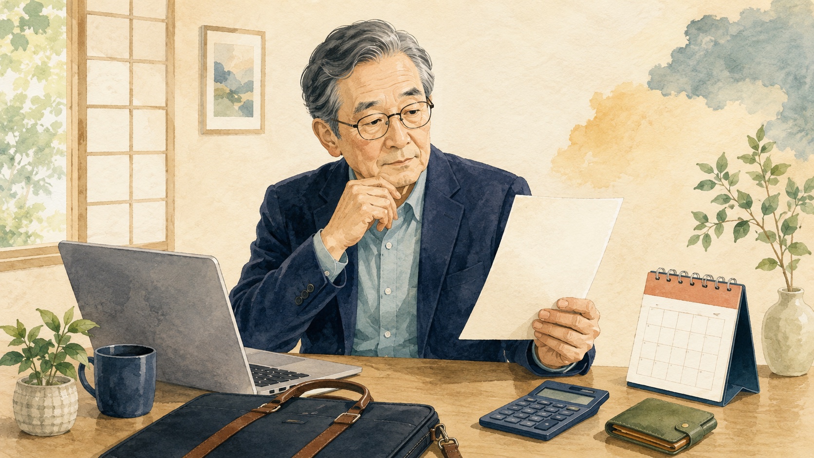 給与明細と年金通知書を見ながら在職老齢年金を確認する高齢の会社員