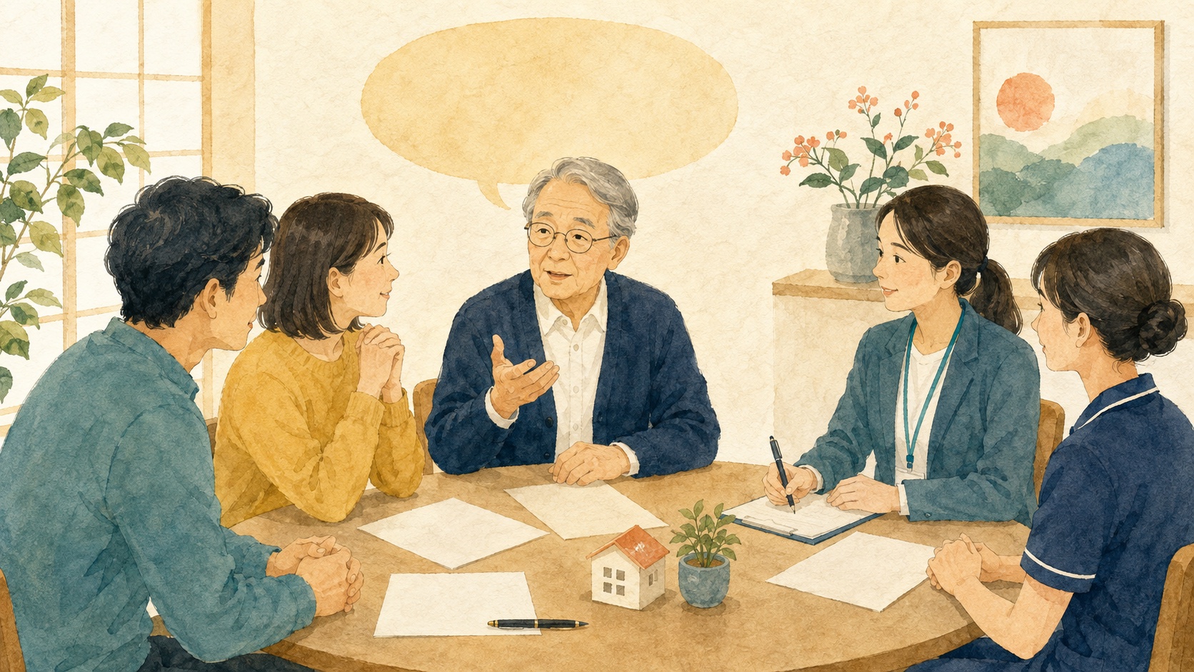 高齢の本人と家族、ケアマネジャー、介護職、看護職が話し合うサービス担当者会議