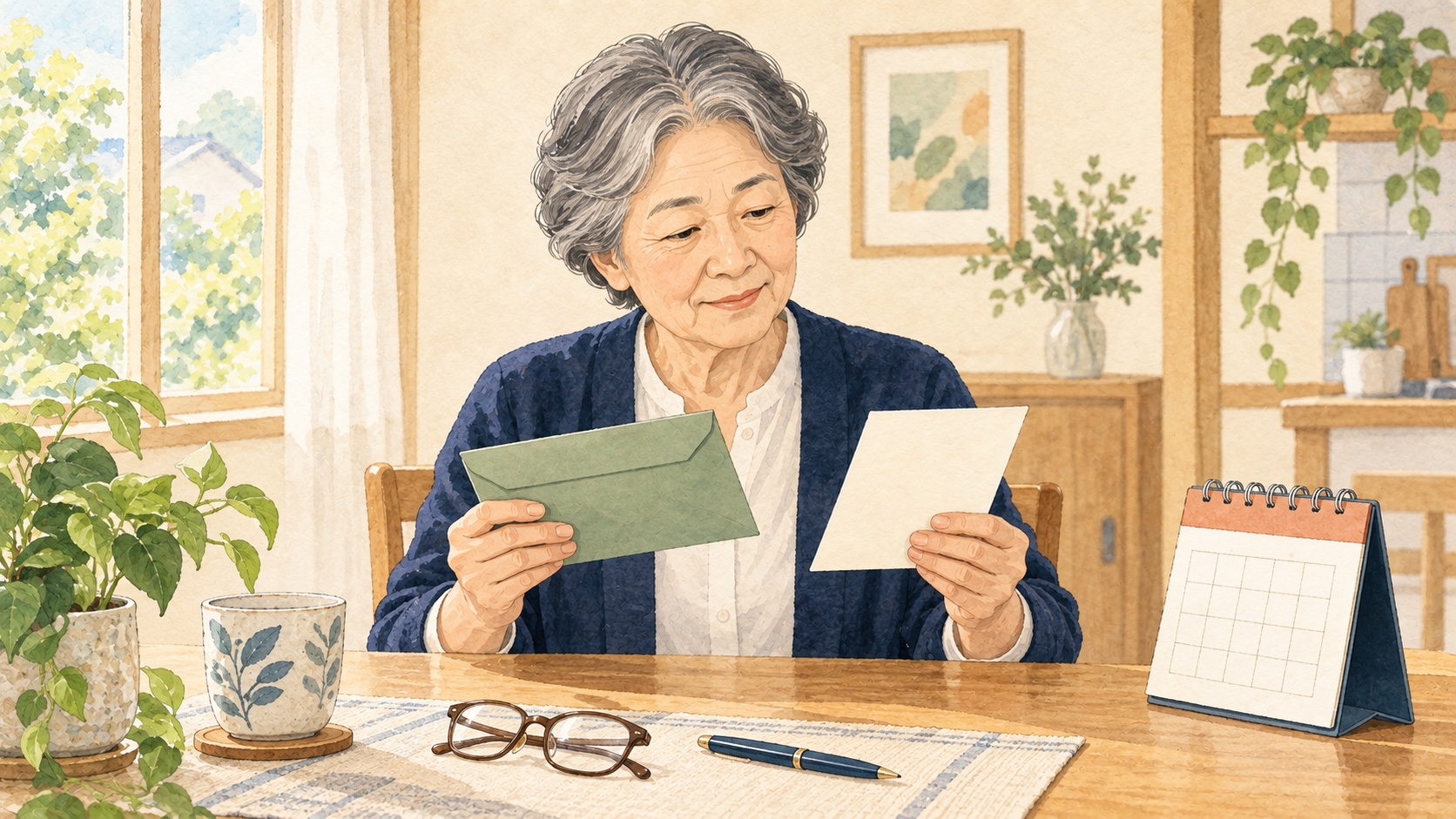 年金生活者支援給付金の緑の封筒とはがき型書類を自宅で確認する高齢女性のイラスト