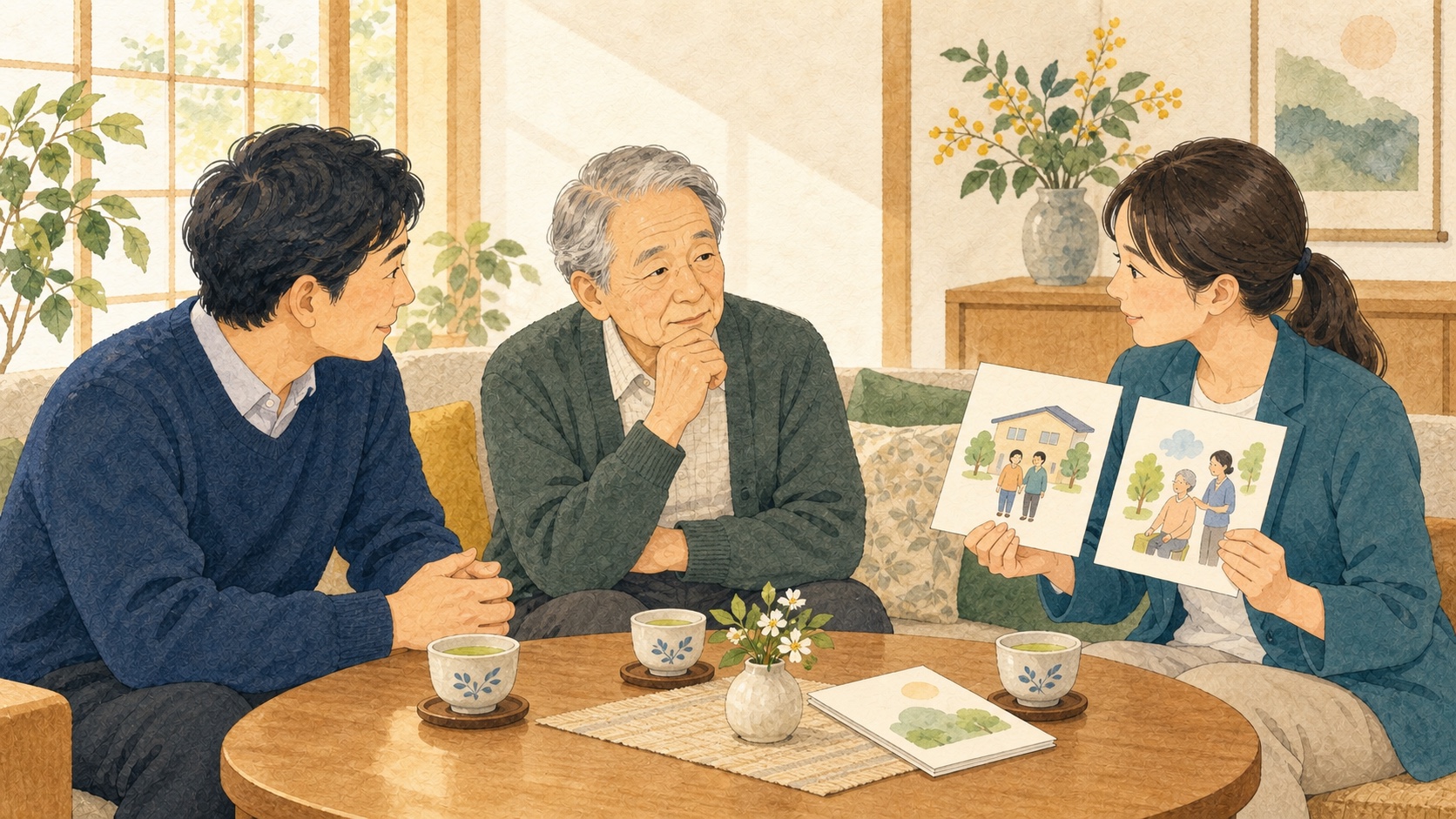 介護サービスを嫌がる高齢の本人の希望を家族とケアマネジャーが聞き、小さく試せる方法を相談するイラスト