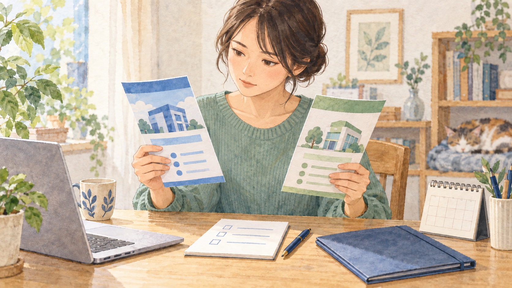 翌年のNISA利用先を考え、二つの金融機関の資料を比較する人のイラスト