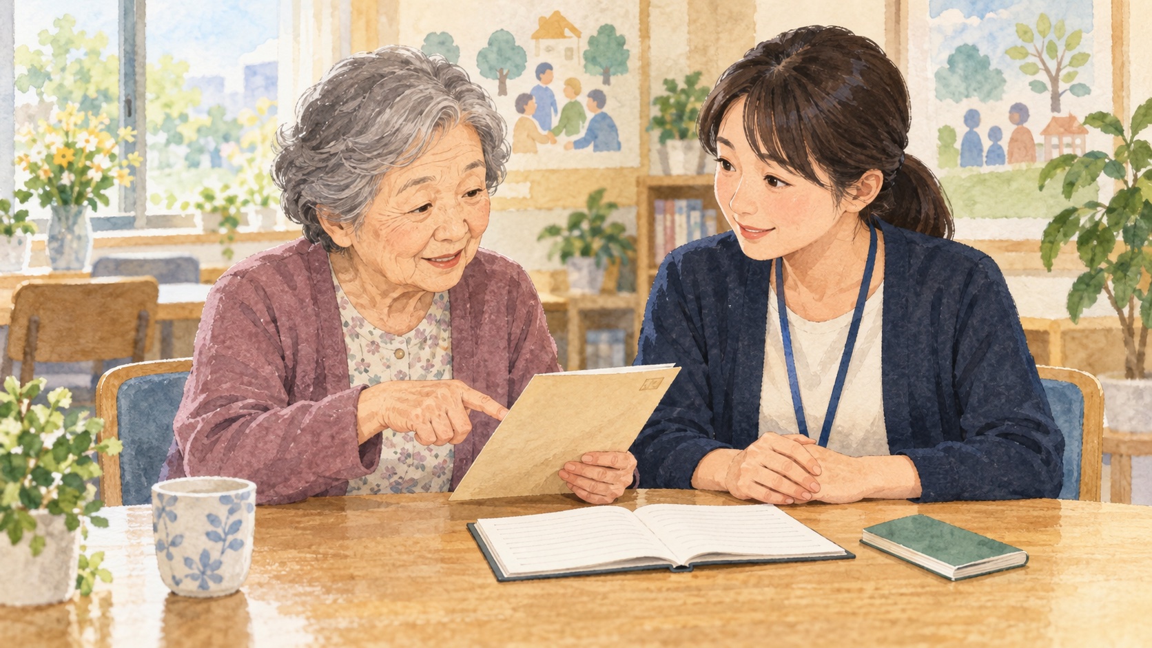日々の支払いと書類の管理について、高齢の本人が支援者と相談するイラスト