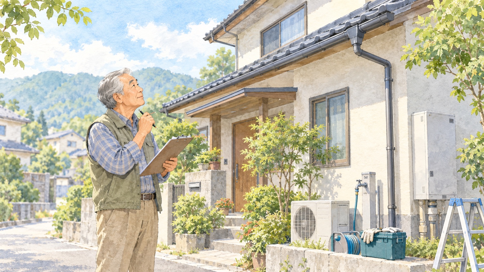 屋根や雨どい、住宅設備を点検する高齢男性のイラスト