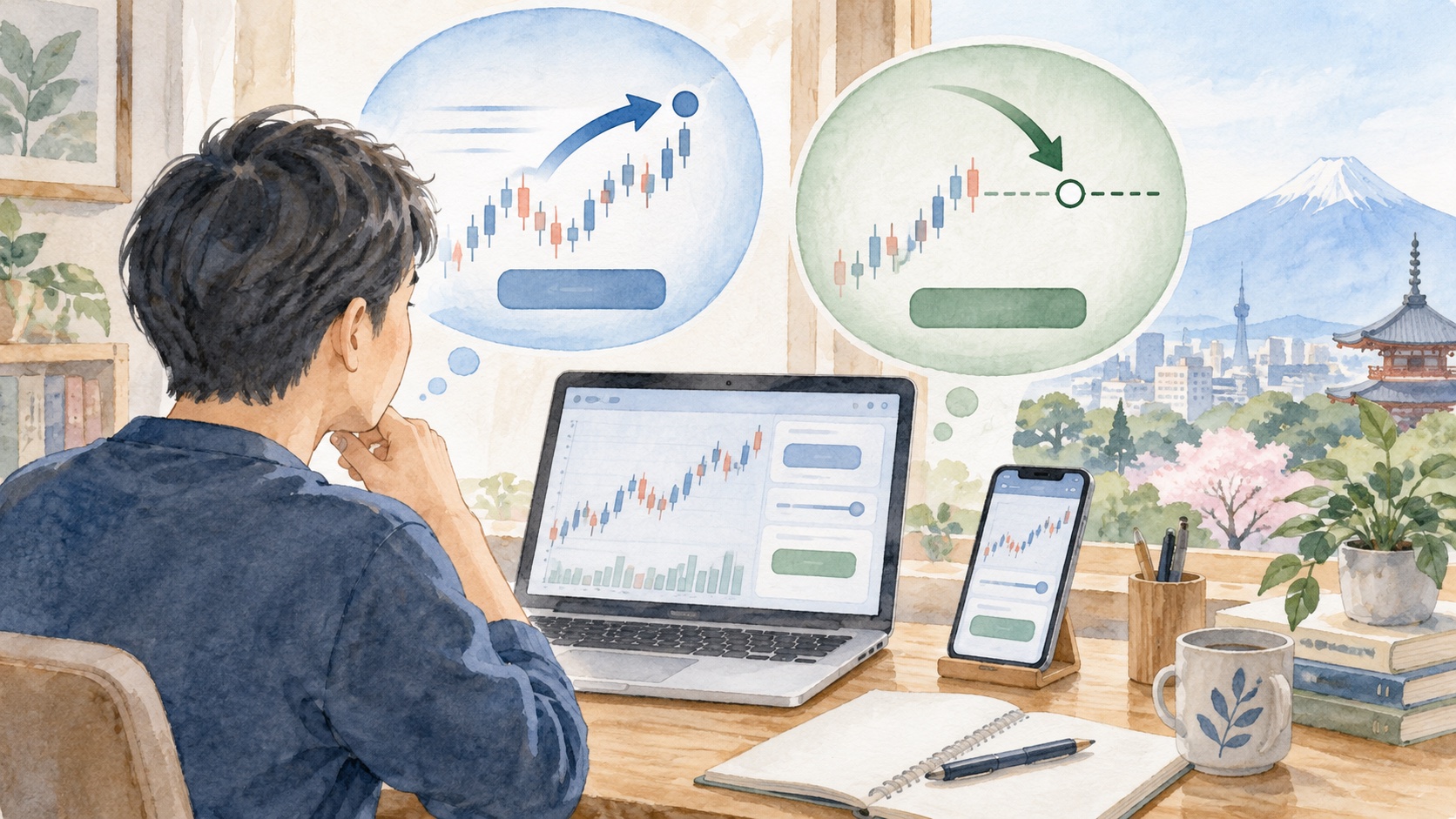 株価チャートを見ながら成行注文と指値注文を比較する投資家のイラスト