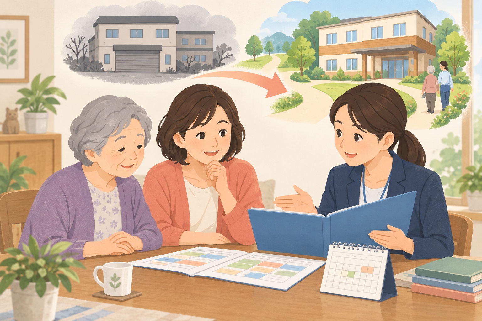 介護事業所の閉鎖後のサービスについてケアマネジャーへ相談する高齢者と家族のイラスト