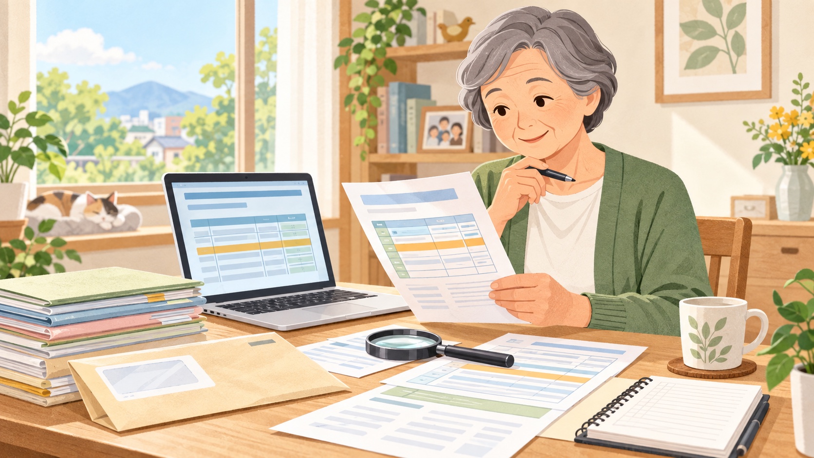 ねんきん定期便を手に、パソコンを見ながら加入記録を確認する高齢女性のイラスト