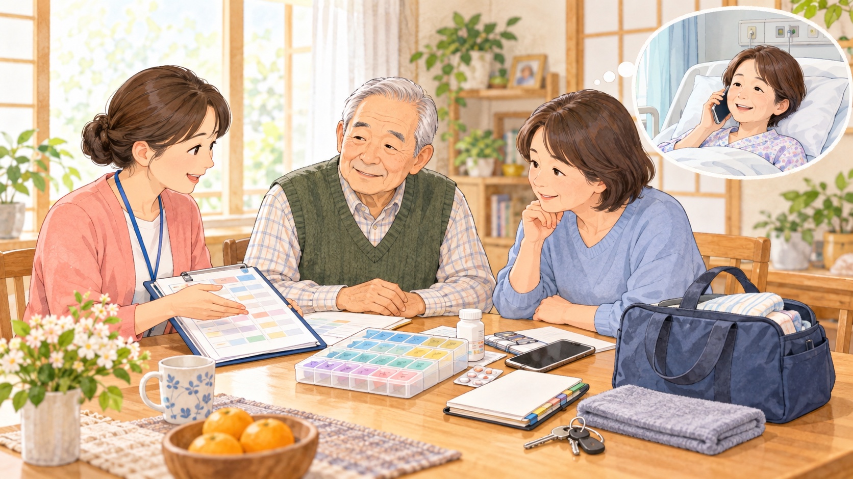 主な介護者の入院に備え、ケアマネジャーと家族が高齢者の支援予定を引き継ぐイラスト