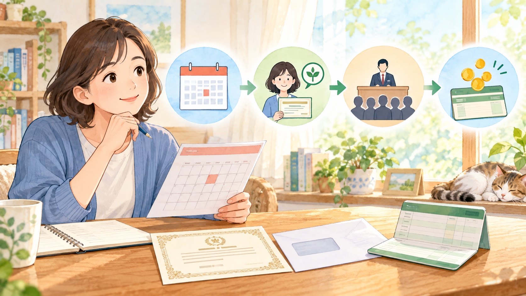 配当の権利日から入金までの流れをカレンダーで確認する投資家のイラスト