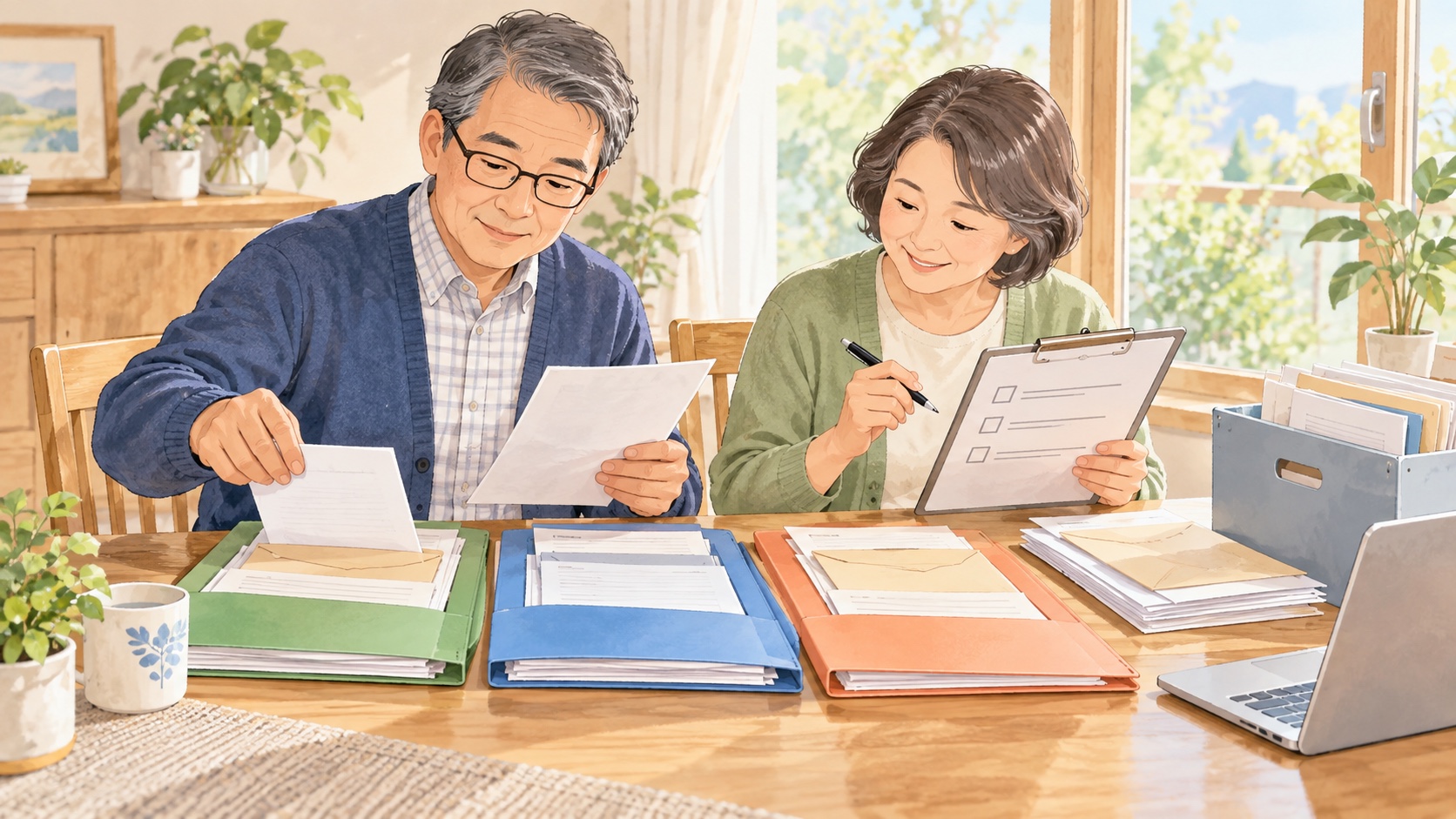 退職前に会社から受け取る書類を種類別に整理する夫婦のイラスト